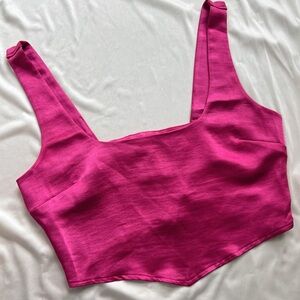 Satin V-Hem Crop Top in Fuchsia